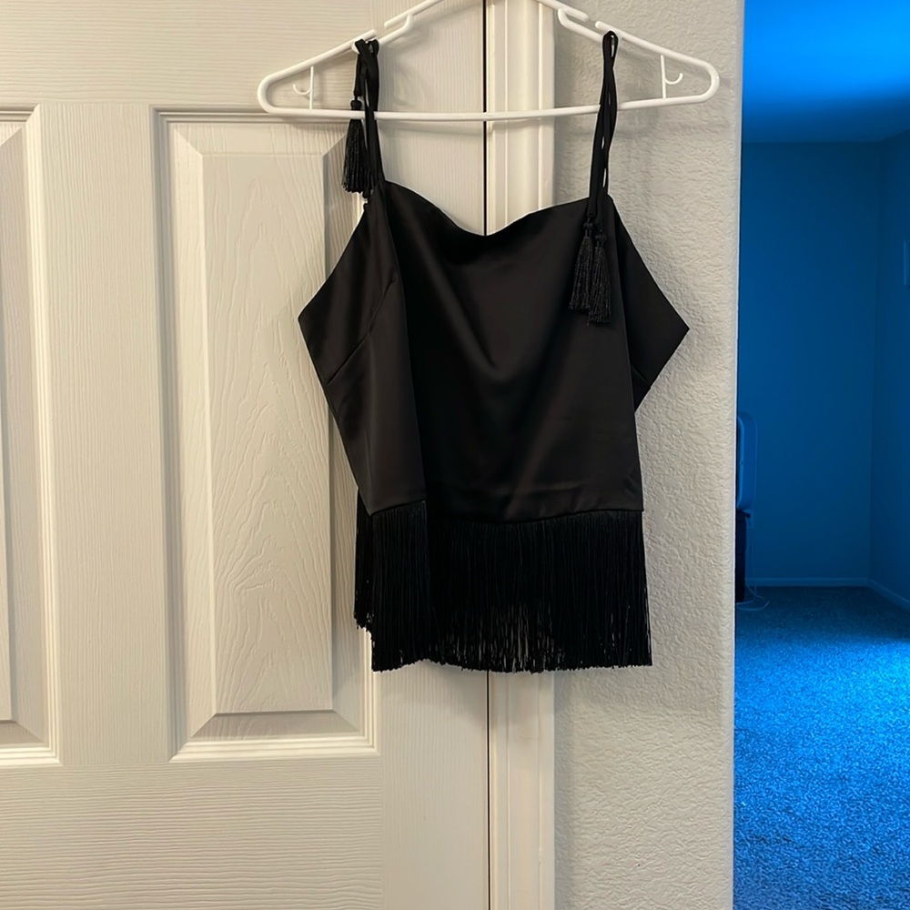 Rachel Zoe black fringe crop top
